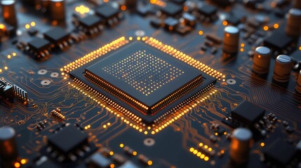 Aufkleber - 黒色基板上のオレンジ色の光るプロセッサチップのクローズアップデジタルテクノロジーの概念