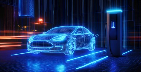 Aufkleber - デジタル化された電気自動車が未来の都市の夜間に充電ステーションで光を放つ青い光で輝く