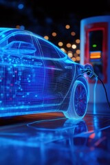 Poster - 青色のデジタル化された電気自動車が充電ステーションで充電する未来的なシーン