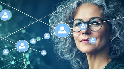Poster - Professional woman navigating digital network connections and technology interfaces