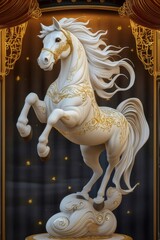 Aufkleber - 白い馬の彫刻 金色の装飾と背景の雲 立っている像 美しい芸術作品