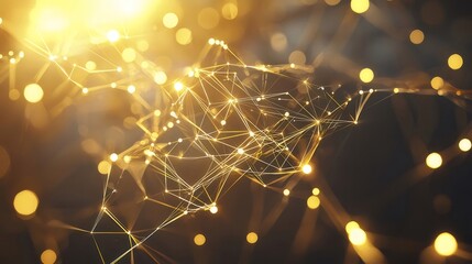 Aufkleber - 黄金色の光がネットワーク構造を形成する抽象的な背景 輝く光が点と線をつなぎ未来的なデジタルデザインを表現