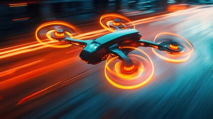 Poster - オレンジ色のライトトレイルを伴う未来的なドローンが都市上空を飛行