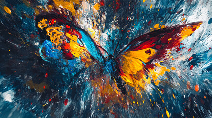 Poster - Abstract painting of butterfly, vibrant colors, blue, yellow, red, texture strokes, dynamic, expressive artwork, symbolizes freedom, transformation