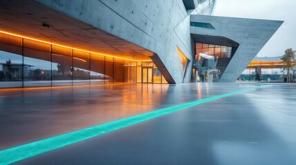 Poster - 近代建築コンクリート構造物 雨天時の鮮やかな照明と青緑色のアクセント 都市景観の幾何学的デザイン