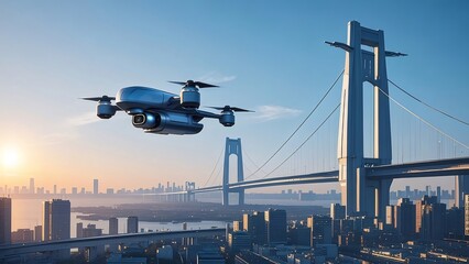 Aufkleber - 未来都市上空を飛行するドローン 橋と高層ビル群を背景にした夕焼けの風景