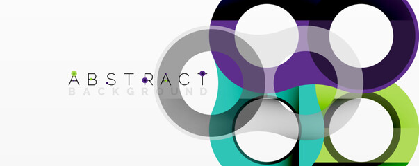 Poster - Bright colorful circles overlap white space. Modern design elements create abstract background. Simple shapes, vibrant hues.
