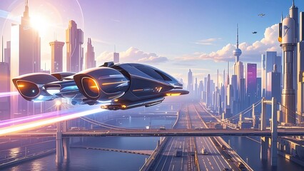 Aufkleber - 未来都市を飛行する未来的な飛行機 太陽光と輝く光線が道の上を走る 街並みと高層ビルの風景