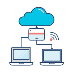 Poster - Cloud Network Connected to Laptop and Mobile Device Icon Representing Cross-Platform Sync and Remote Access