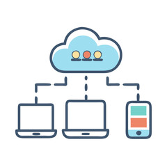 Fototapete - Cloud Network Connected to Laptop and Mobile Device Icon Representing Cross-Platform Sync and Remote Access