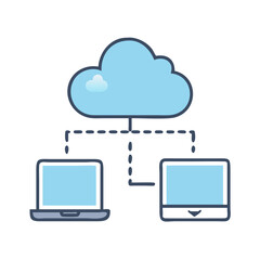Poster - Cloud Network Connected to Laptop and Mobile Device Icon Representing Cross-Platform Sync and Remote Access
