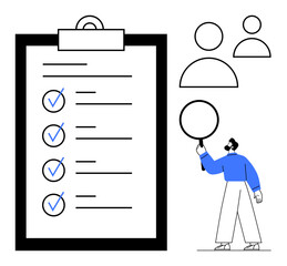 Poster - large checklist with completed tasks, user profile icons, and person analyzing with a magnifying gla