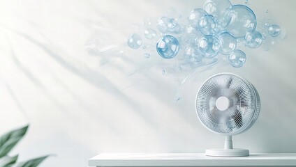 Poster - 白い背景に浮遊する青い球体のファンと葉のある植物の構成 光と影が織りなす未来的な抽象デザイン