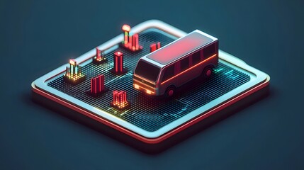 Aufkleber - 立方体状に表現されたバスが暗い背景に浮かび上がるデジタルイラスト 鮮やかな赤色と青色の光が未来的な都市デザインを演出