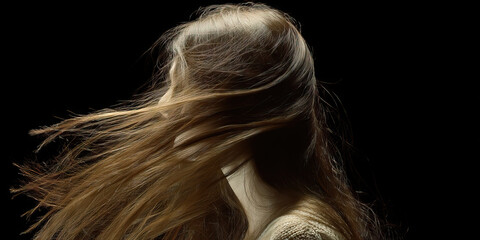 Poster - Woman with Long Brown Hair Against Black Background