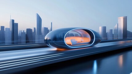 Aufkleber - 未来都市の高速道路を走行する未来的な輸送車両 輝く青い光が都市景観を照らし出す