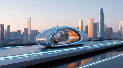Aufkleber - 未来的な交通機関が都市の背景に輝く青い光とガラスの流線型のデザイン
