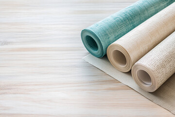 Poster - Three rolls of textured wallpaper in teal, beige, and light brown shades rest on a light wood surface, showcasing design options for home decor. Free space for text