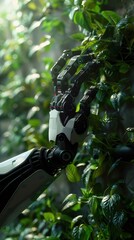 Aufkleber - 機械的なロボットアームが緑豊かな葉に触れる近接ショット 鮮やかな緑と金属製の構造 光と影のドラマチックな演出 未来的な技術と自然の融合