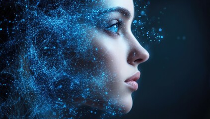 Poster - blue digital particles woman profile portrait