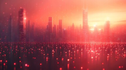 Aufkleber - 赤い光の中で輝く未来都市のシルエット 夕焼け時の高層ビル群を背景としたデジタルアート