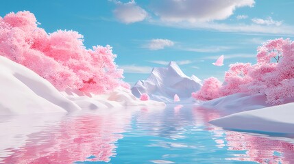 Aufkleber - 春の桜並木と雪山と水面の鮮やかな風景画 水面に映るピンク色の桜と青い空と鳥のコントラスト