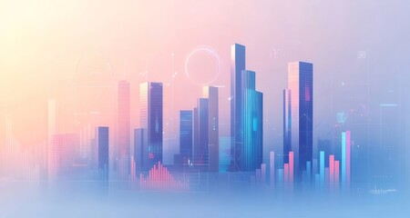 Poster - 水彩画風都市デザイン パステルカラーのビル群と幻想的な背景 夜明けの光と未来的な雰囲気