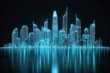 Aufkleber - 青いネオンライトが輝く未来都市のシルエット 暗い背景に高層ビルが並ぶ幻想的なデザイン