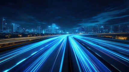 Aufkleber - 青色の光跡が走る夜の高速道路と都市の夜景 抽象的なデジタル技術と未来的なデザインの風景
