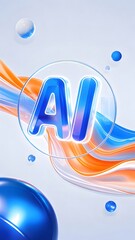 Aufkleber - 鮮やかな青とオレンジの流体と球体が浮かぶ抽象的なAI技術のデジタルデザイン