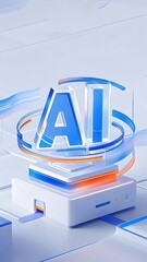 Aufkleber - 透明なガラス製のAI文字と青いリングが配置された白と青の抽象的3Dデザイン