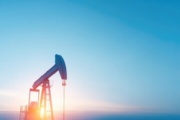 Poster - close-up view of oil pumpjack silhouetted against clear dawn sky