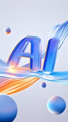 Poster - 輝く青いAIの文字とオレンジ色の光線による抽象的なデジタル表現 未来的なデザインの3Dレンダリング 白い背景