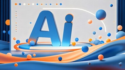 Poster - 青いAI文字とオレンジと青の球体が描かれた3Dグラフィック 未来的なデジタル技術の概念