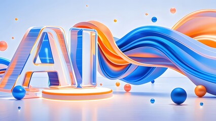 Poster - 三次元のAI文字と青とオレンジの波形背景の抽象的な表現