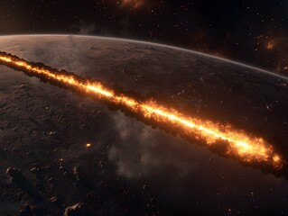 fiery meteorite impacting planet surface dramatic space scene