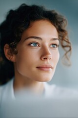 Poster - focused portrait portraying person engaged in online learning against softly blurred background
