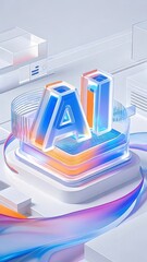 Aufkleber - 未来的な都市景観を背景に輝く青とオレンジ色の文字Aの3Dデザイン 抽象的なデジタル技術とネットワークのコンセプトを表現