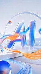 Poster - 青とオレンジ色の抽象的な3D文字AIと流れる曲線が白い背景に浮かび上がる未来的なデジタルデザイン