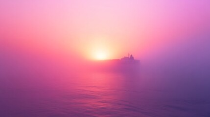 Wall Mural - a serene sunrise emerges from the thick mist over a tranquil sea. the soft colors blend beautifully 