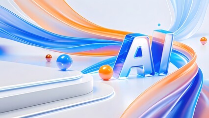 Poster - 未来的なAIロゴデザイン 青とオレンジの流線型背景に配置された3Dレンダリングされた白文字
