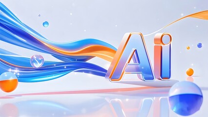 Poster - 3D Rendered Ai Text With Blue And Orange Wavy Lines And Floating Spheres On White Background