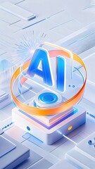 Aufkleber - 三次元的なAIロゴをオレンジとブルーの円で囲み未来的なデジタル背景に配置