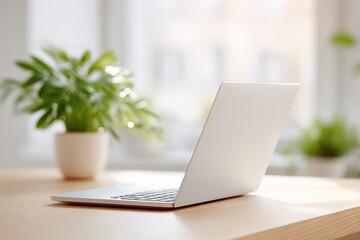 Poster - minimalist home workspace setup featuring sleek laptop on clean wooden desk surrounded by potted plants for touch of