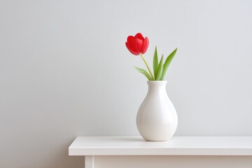 Poster - minimalist white table displays solitary vase with single red tulip providing ample copy space