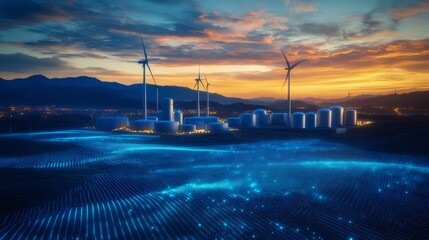 Aufkleber - 夜空と青い光に彩られた未来都市 風力発電と光るエネルギーの風景