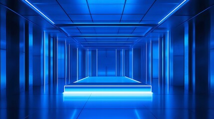 Poster - 青色の未来的な通路の光輝くインテリアデザイン 幾何学模様の壁と光のラインが空間を形成