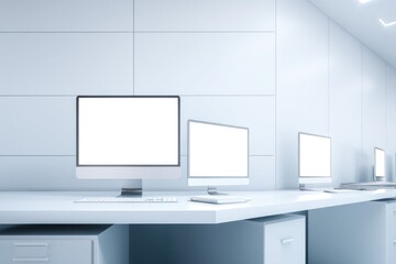 Poster - minimalistic office setting housing sleek computers powered by artificial intelligence for streamlined operations provides