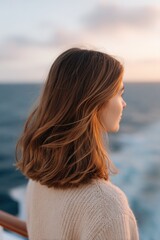 Poster - person of any race age or gender stands on cruise ship deck enjoying sea view background blurred