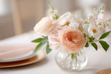 Aufkleber - simple yet elegant table setup for bachelorette brunch with pastel accents and floral decorations